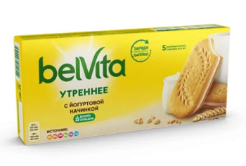 Печенье-сэндвич Юбилейное BelVita Утреннее с цельными злаками, какао и йогуртовой начинкой, 253 г