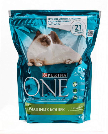 Сухой корм PURINA ONE для домашних кошек с индейкой и злаками, 750г