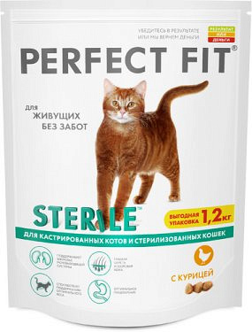 Корм сухой Perfect Fit Sterile для кастрированных котов и стерилизованных кошек, с курицей, 1,2кг