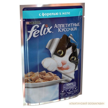 Корм Felix для кошек аппетитные кусочки с форелью в желе 85г